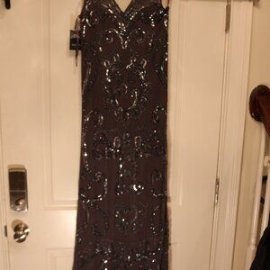 Marina beaded and sequined grey gown.